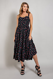 Black Cherry Print Sweetheart Neckline Maxi Dress