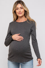 Charcoal Rib Knit Lettuce Trim Maternity Long Sleeve Top