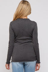 Charcoal Rib Knit Lettuce Trim Maternity Long Sleeve Top