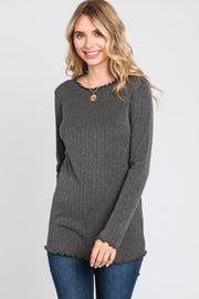 Charcoal Rib Knit Lettuce Trim Long Sleeve Top