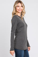 Charcoal Rib Knit Lettuce Trim Long Sleeve Top