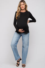 Black Rib Knit Lettuce Trim Maternity Long Sleeve Top