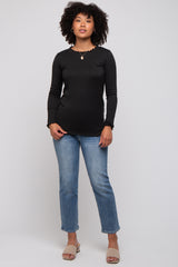 Black Rib Knit Lettuce Trim Long Sleeve Top