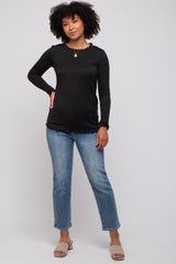 Black Rib Knit Lettuce Trim Long Sleeve Top