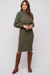 Olive Rib Knit Mock Neck Maternity Nursing Dress