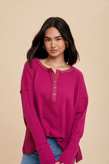 Magenta Waffle Knit Henley Top