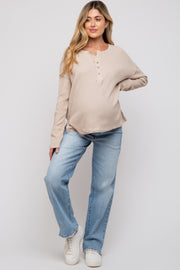 Beige Waffle Knit Maternity Henley Top