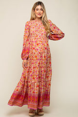 Fuchsia Floral Smocked Tiered Maternity Maxi Dress