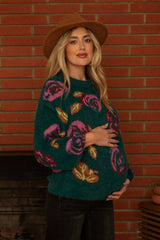 Dark Teal Floral Fuzzy Knit Maternity Sweater