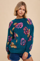 Dark Teal Floral Fuzzy Knit Maternity Sweater