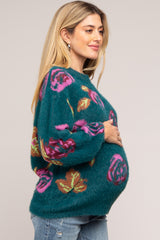 Dark Teal Floral Fuzzy Knit Maternity Sweater