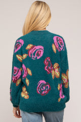 Dark Teal Floral Fuzzy Knit Maternity Sweater