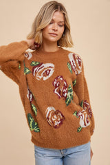 Camel Floral Fuzzy Knit Sweater