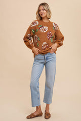 Camel Floral Fuzzy Knit Sweater