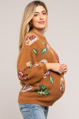 Camel Floral Fuzzy Knit Maternity Sweater