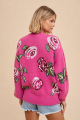 Fuchsia Floral Fuzzy Knit Sweater