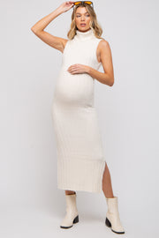 Cream Fuzzy Knit Sleeveless Turtle Neck Maternity Midi Dress