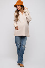 Beige Colorblock Waffle Knit Henley Maternity Top