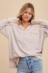 Beige Colorblock Waffle Knit Henley Top