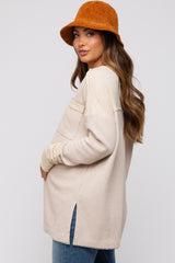 Beige Colorblock Waffle Knit Henley Maternity Top