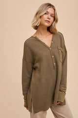 Olive Colorblock Waffle Knit Henley Top