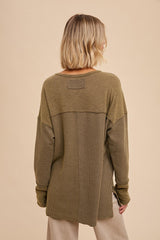 Olive Colorblock Waffle Knit Henley Top