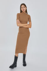 Mocha Knit Fitted Mock Neck Maternity Midi Dress