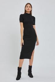 Black Knit Fitted Mock Neck Midi Dress