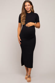 Black Knit Fitted Mock Neck Maternity Midi Dress