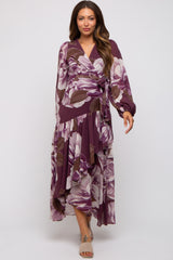 Plum Floral Chiffon Wrap Front Ruffle Maternity Midi Dress