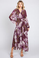 Plum Floral Chiffon Wrap Front Ruffle Maternity Midi Dress