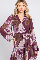 Plum Floral Chiffon Wrap Front Ruffle Midi Dress