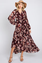 Burgundy Floral Chiffon Wrap Front Ruffle Midi Dress