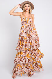 Gold Floral Flounce Tier Maxi Dress