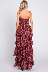 Burgundy Animal Print Flounce Tier Maxi Dress