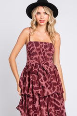 Burgundy Animal Print Flounce Tier Maxi Dress