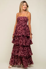 Burgundy Animal Print Flounce Tier Maternity Maxi Dress