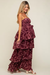 Burgundy Animal Print Flounce Tier Maternity Maxi Dress