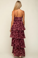 Burgundy Animal Print Flounce Tier Maternity Maxi Dress