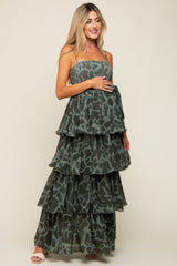 Olive Animal Print Flounce Tier Maternity Maxi Dress