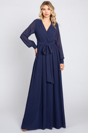 Navy Blue Chiffon Wrap Gown