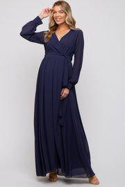 Navy Blue Chiffon Wrap Maternity Gown