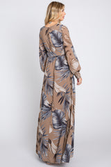 Taupe Palm Print Chiffon Wrap Front V-Neck Long Sleeve Maxi Dress