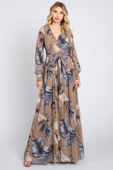 Taupe Palm Print Chiffon Wrap Front V-Neck Long Sleeve Maxi Dress