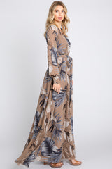 Taupe Palm Print Chiffon Wrap Front V-Neck Long Sleeve Maxi Dress