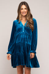 Teal Velvet Long Sleeve Tiered Collared Maternity Dress