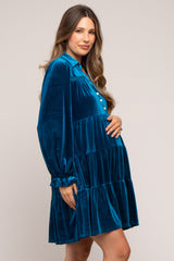 Teal Velvet Long Sleeve Tiered Collared Maternity Dress