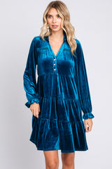 Teal Velvet Long Sleeve Tiered Collared Dress