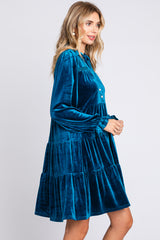 Teal Velvet Long Sleeve Tiered Collared Dress