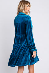 Teal Velvet Long Sleeve Tiered Collared Dress